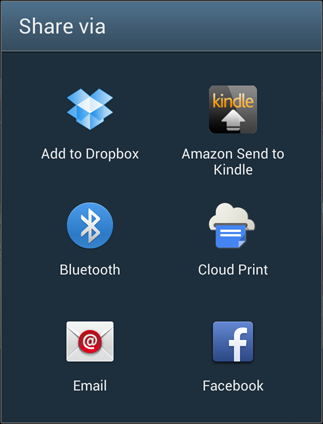 Figure 1. The Share Via menu, featuring a Cloud Print method.
