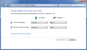 Settings for my PC's power plan. When the system runs from battery power, it shuts itself off after one minute.