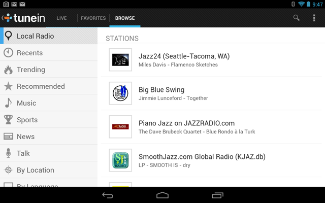 Figure 1. Browsing for something to listen to inside the TuneIn Radio app.