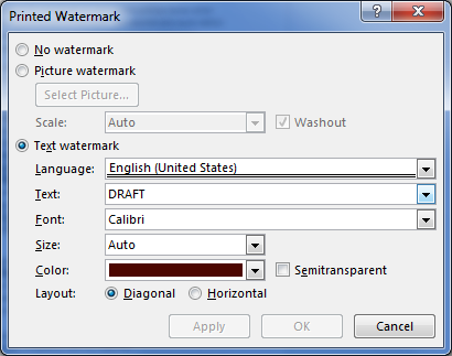 Figure 3. The Printed Watermark dialog box.