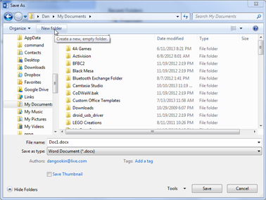Figure 1. The New Folder button as found in the Word 2013 Save As dialog box, near the upper left corner.