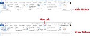 Figure 1. Showing and hiding the Ribbon. (Click to embiggen.)