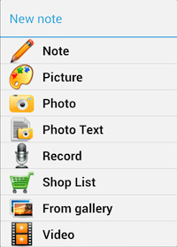 Figure 2. The menu of things you can create in GO Notepad.