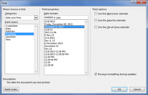 Figure 2. The Field dialog box, Date and Time category selected. (Click image to embiggen.)