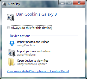 Figure 1. The AutoPlay dialog box for my Samsung Galaxy Tab 8.