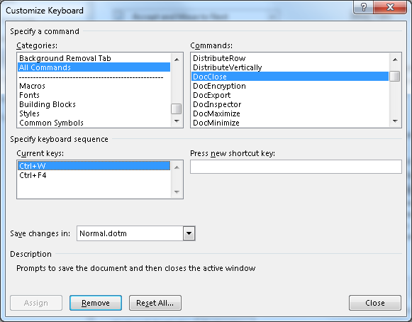 Figure 1. Removing the Ctrl+W keyboard shorcut.