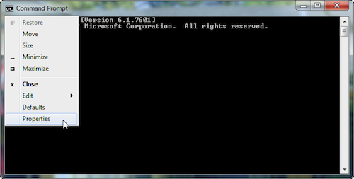 Figure 1. Finding the Properties command for a command prompt window.