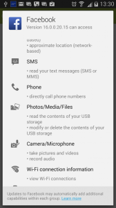 Figure 1. The Facebook app's permissions. (Click to embiggen.)