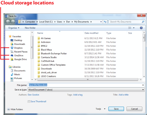 Figure 1. Finding cloud storage in the typical Save As dialog box.