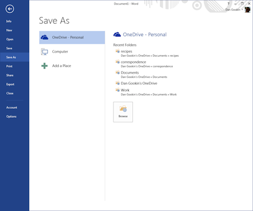 Figure 2. The Back Stage screen in Office 2013 allows for quick access to OneDrive cloud storage.