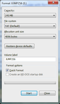 Figure 3. Click the Start button to completely obliterate all data on the thumb drive.