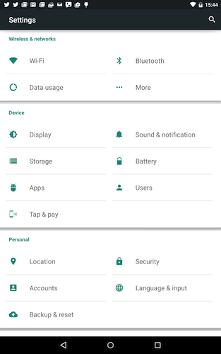 Figure 5. Android 5.0's vastly improved Settings app interface.