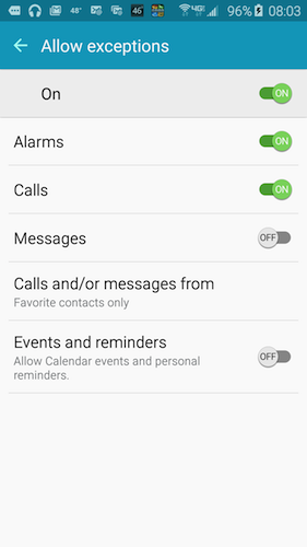 Figure 2. Setting exceptions for Do Not Disturb mode.