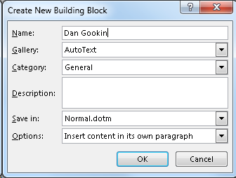 Figure 3. The Create New Building Block dialog box.
