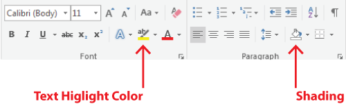 Figure 1. Location of the Text Highlight Color and Shading command buttons.