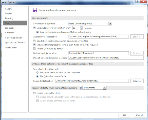 Figure 1. The Save portion of the Word Options dialog box.