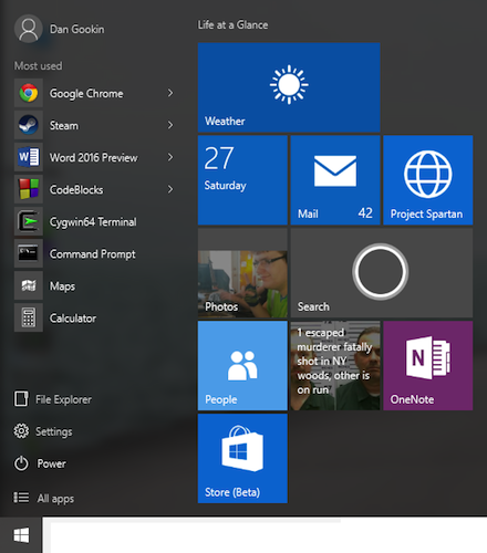 Figure 1. The Windows 10 Start button menu.