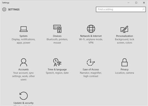 Figure 2. The Settings app, which replaces the Control Panel.