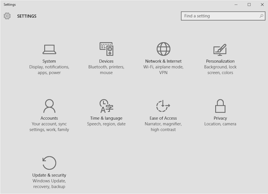 Figure 1. The Windows 10 Settings app.