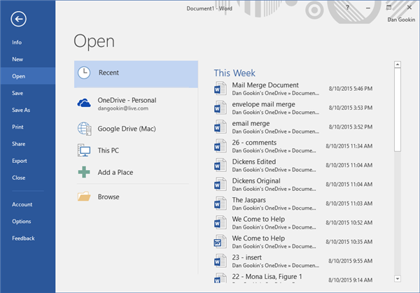 Figure 3. The Open Backstage in Word 2016.