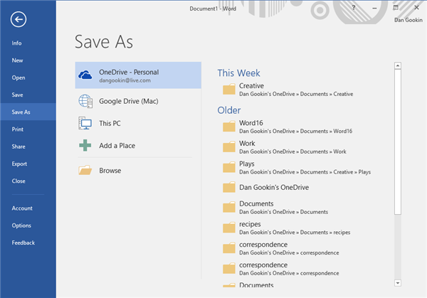 Figure 4. The Save As Backstage in Word 2016.