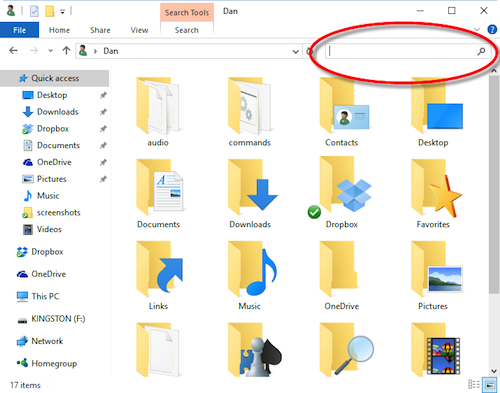 Figure 1. Finding the Search text box in Windows 10 File Explorer.