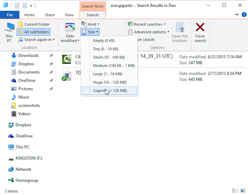 Figure 2. Modifying the search on the Search tab in a File Explorer window.