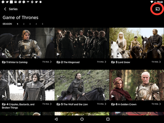 Figure 1. Locating the screencasting icon in the HBO NOW app.