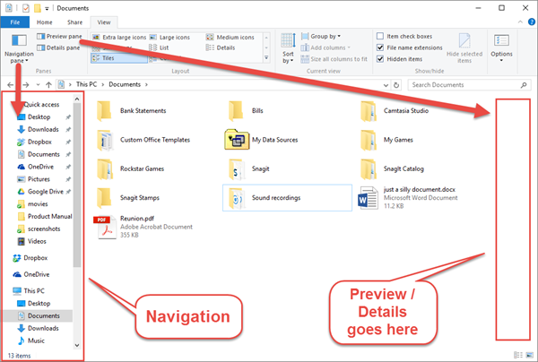 Figure 1. Locations for the Navigation and Preview/Details panes.