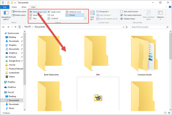 Figure 2. Controlling how files and folders appear in the window.