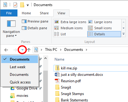 Figure 3. Locating the previous folders icon.