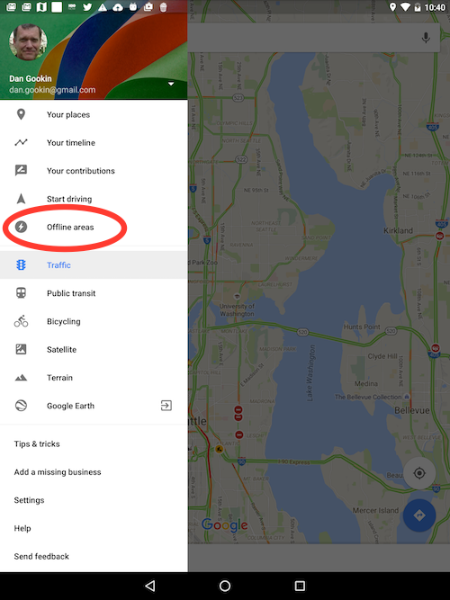 Figure 1. The new, Offline Areas item on the Maps app navigation drawer.
