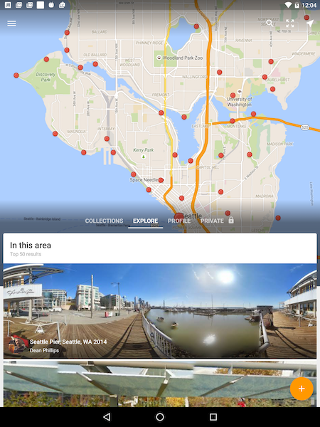Figure 1. The Street view app showing Seattle. Street view collections appear at the bottom of the screen; red dots represent user-supplied street view images.