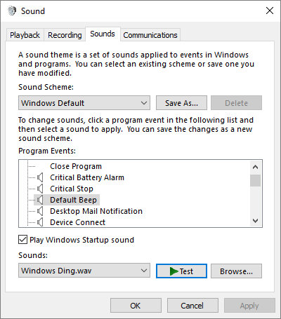 Figure 1. The Sound dialog box, where sounds are previewed and reset.