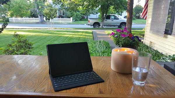 Figure 1. The Pixel C on my front porch. Yes, I prefer to drink water.