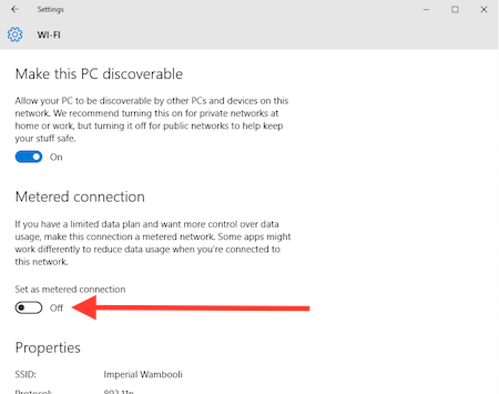 Figure 2. Metered connections in Windows 10 (Wi-Fi-enabled PCs/laptops only).