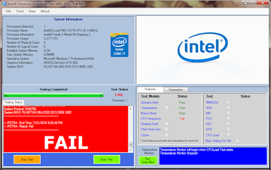 Figure 3. The Intel diagnostic tool finally discovers the cause.