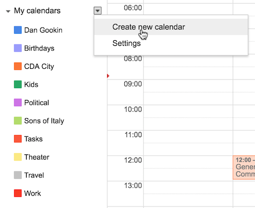 Figure 1. My calendar categories on the Google Calendar website.