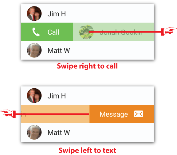 Figure 2. Swipe contacts in the Samsung Contacts app to quickly dial or text.